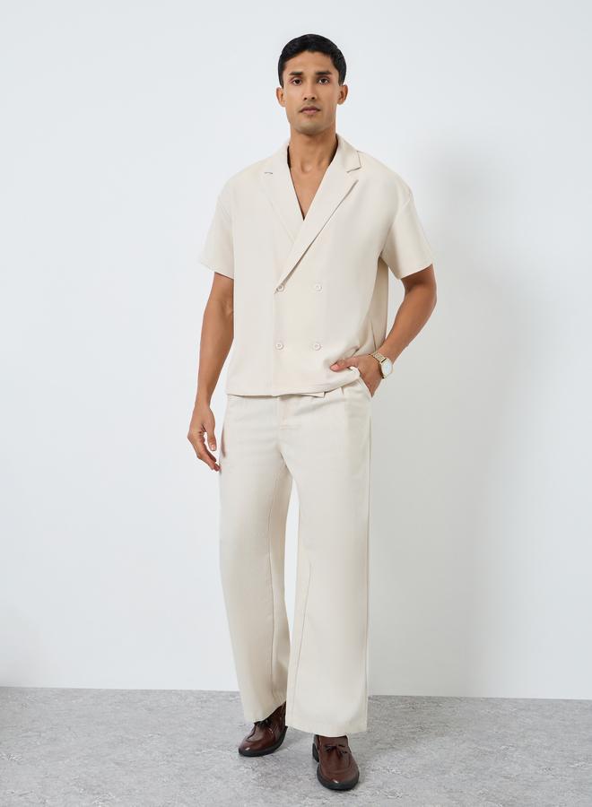 Styli Men Beige Notch Collar Double Breasted Oversized Shirt - Image 2